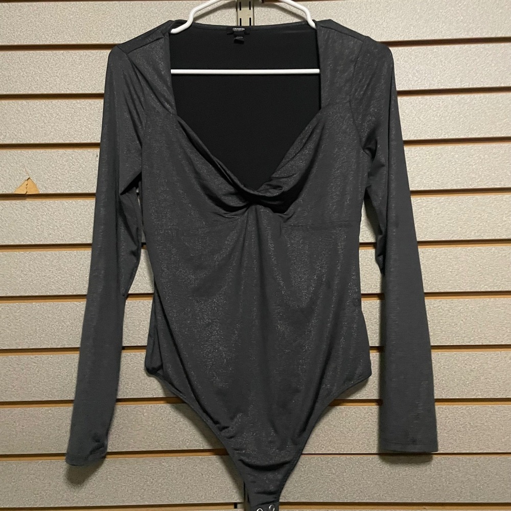 Express Body Contour Metallic Twist Front Long Sleeve Bodysuit Charcoal Grey M